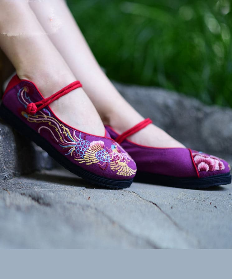 Blue Embroideried Flat Feet Shoes Cotton Fabric Plus Size Buckle Strap Flat Shoes For Women