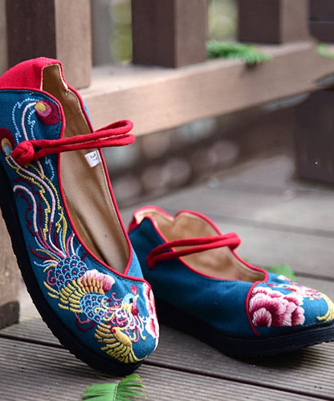 Blue Embroideried Flat Feet Shoes Cotton Fabric Plus Size Buckle Strap Flat Shoes For Women