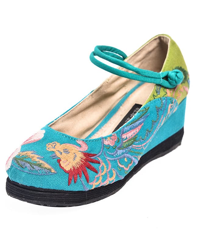 Blue High Wedge Heels Shoes Wedge Cotton Fabric Handmade Embroideried Patchwork Buckle Strap High Wedge Heels Shoes