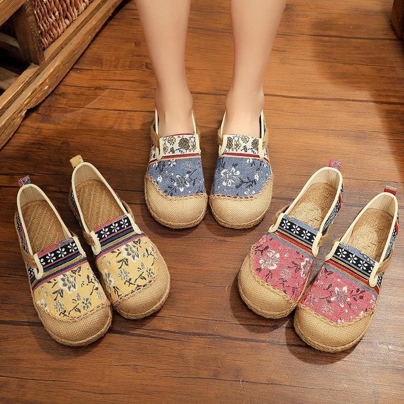 Blue Jacquard Flats Cotton Linen Fabric Unique Splicing Flat Shoes