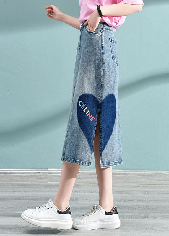 Blue Love Printing Wrap Cotton Denim Skirt High Waist Pockets Summer