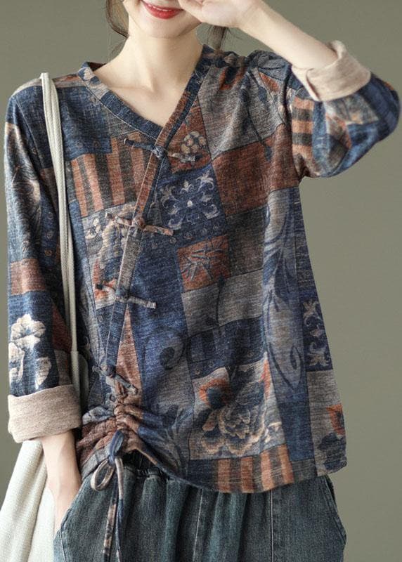 Blue Print V Neck Drawstring Fall Button Top Long Sleeve