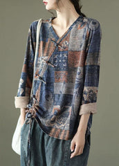 Blue Print V Neck Drawstring Fall Button Top Long Sleeve