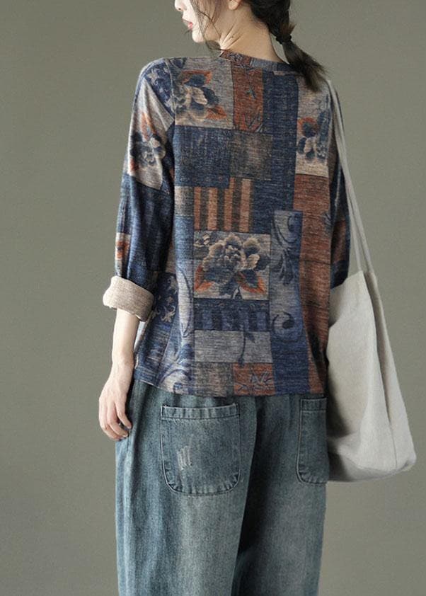 Blue Print V Neck Drawstring Fall Button Top Long Sleeve