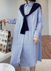 Blue Stripe Long Patchwork Cape Design Loose Shirt Skirt