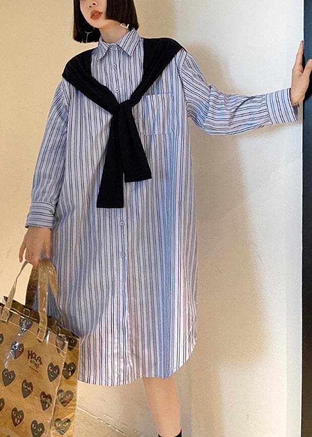 Blue Stripe Long Patchwork Cape Design Loose Shirt Skirt