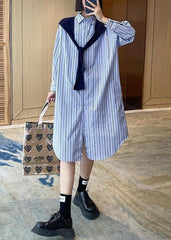 Blue Stripe Long Patchwork Cape Design Loose Shirt Skirt