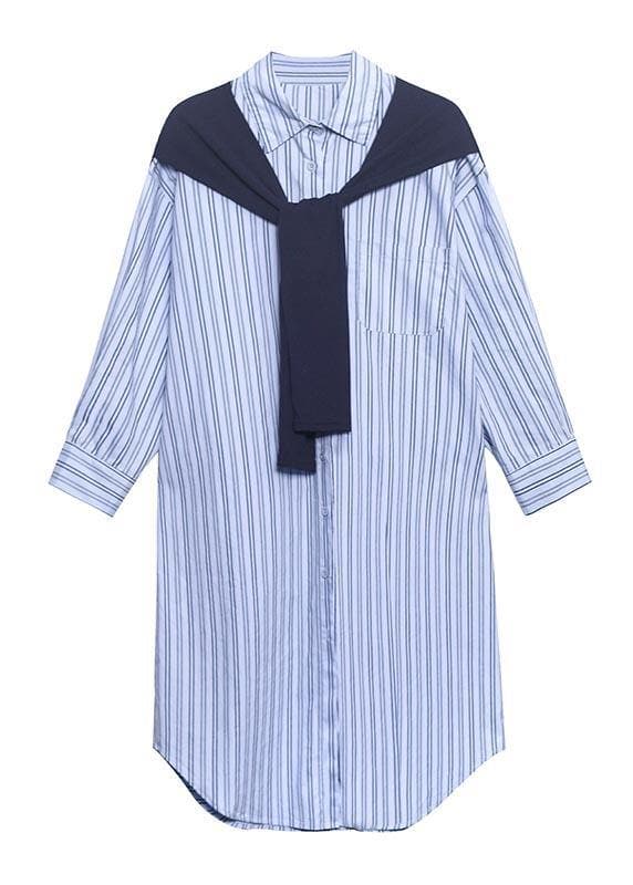 Blue Stripe Long Patchwork Cape Design Loose Shirt Skirt