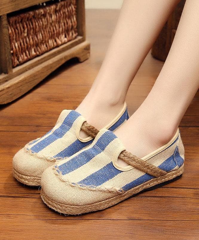 Blue Striped Cotton Fabric Flats Splicing Flat Shoes For Women