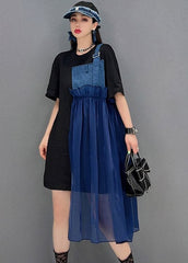 Robe patchwork asymétrique en tulle denim bleu à manches courtes