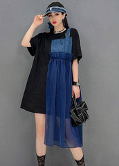 Robe patchwork asymétrique en tulle denim bleu à manches courtes