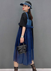 Robe patchwork asymétrique en tulle denim bleu à manches courtes