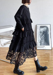 Bohemian Black Ruffles Pockets Fall Lace Dresses