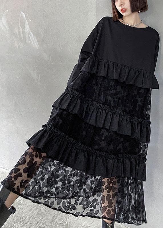 Bohemian Black Ruffles Pockets Fall Lace Dresses