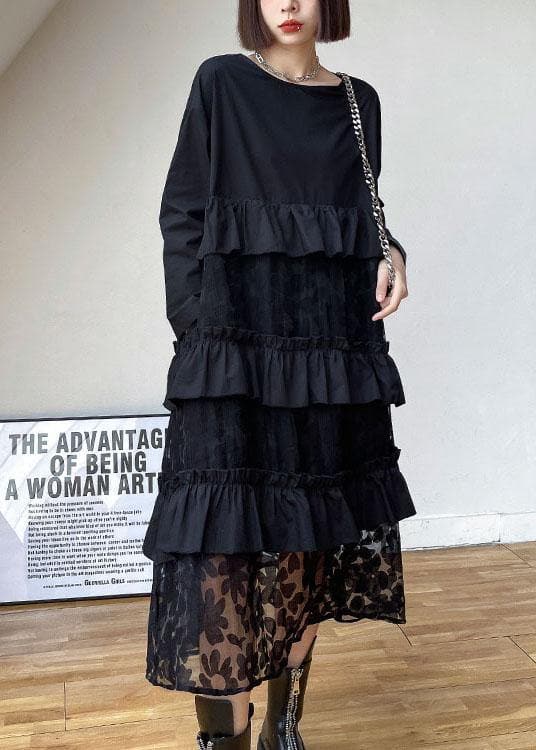 Bohemian Black Ruffles Pockets Fall Lace Dresses