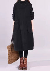 Bohemian Black Turtle Neck Patchwork Warm Fleece Corduroy Dress Long Sleeve