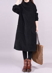 Bohemian Black Turtle Neck Patchwork Warm Fleece Corduroy Dress Long Sleeve