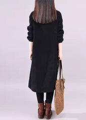 Bohemian Black Turtle Neck Patchwork Warm Fleece Corduroy Dress Long Sleeve