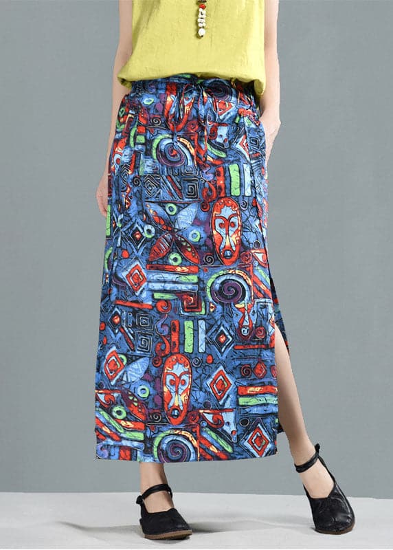 Bohemian Blue Elastic Waist Pockets Print Linen A Line Skirt Summer