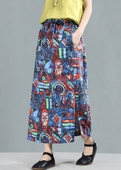 Bohemian Blue Elastic Waist Pockets Print Linen A Line Skirt Summer