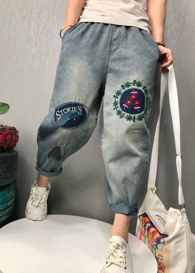 Bohemian Blue Embroideried denim Pants Spring