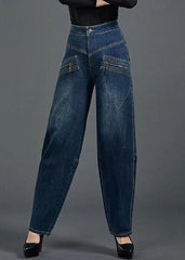 Bohemian Blue High Waist Flatering Zip Up Pockets Cotton Denim Pants Summer