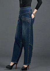 Bohemian Blue High Waist Flatering Zip Up Pockets Cotton Denim Pants Summer