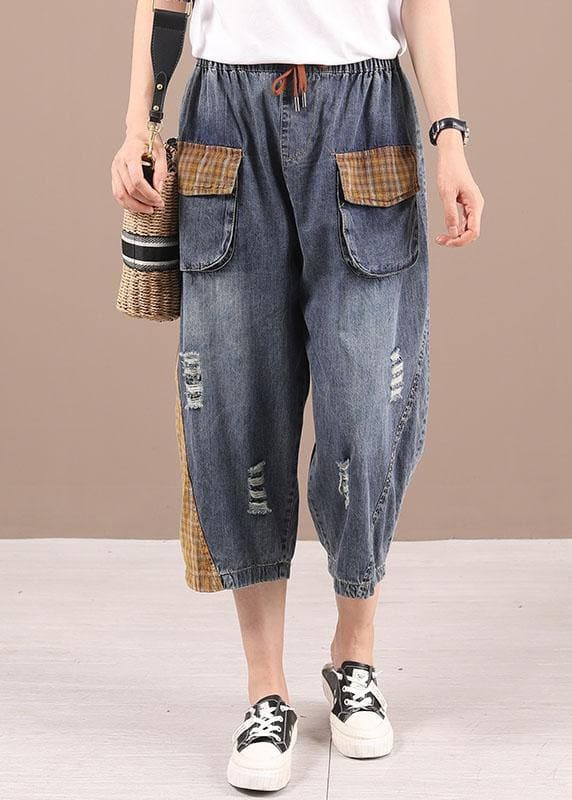 Bohemian Blue High Waist Pockets Summer Denim Pants