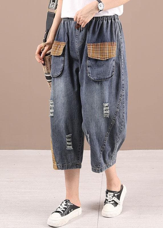 Bohemian Blue High Waist Pockets Summer Denim Pants