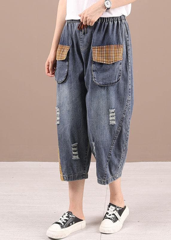 Bohemian Blue High Waist Pockets Summer Denim Pants