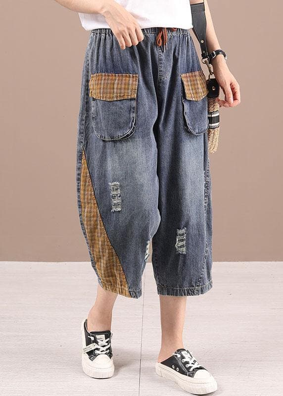 Bohemian Blue High Waist Pockets Summer Denim Pants