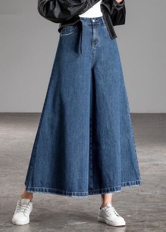 Bohemian Blue High Waist Pockets Wide Leg Fall Denim Pants