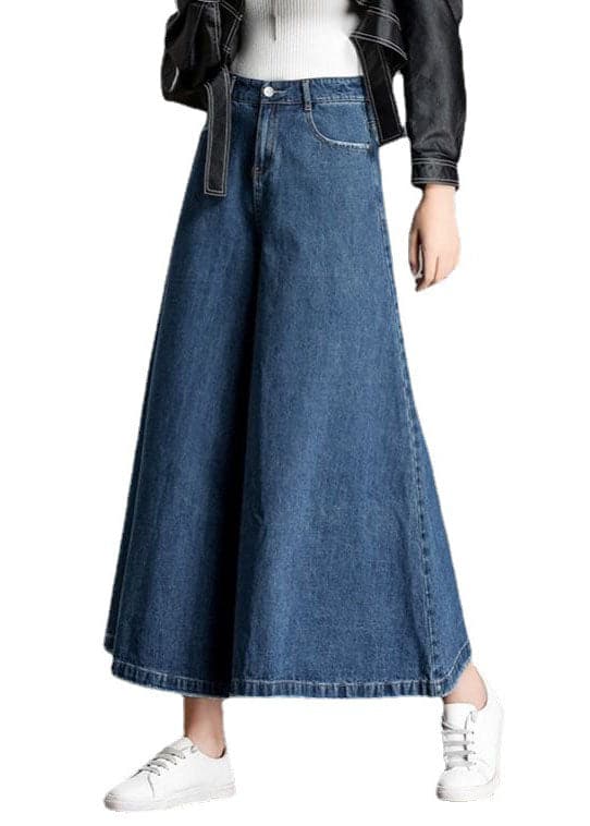 Bohemian Blue High Waist Pockets Wide Leg Fall Denim Pants