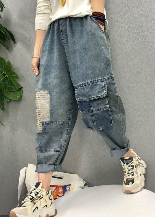 Bohemian Blue elastic waist patch applique denim Pants Spring