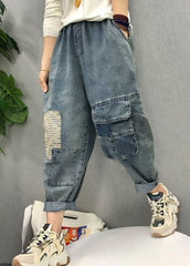 Bohemian Blue elastic waist patch applique denim Pants Spring