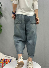 Bohemian Blue elastic waist patch applique denim Pants Spring