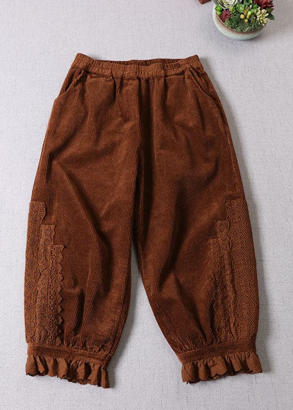 Bohemian Coffee Lace Patchwork Pockets Corduroy Pants Winter