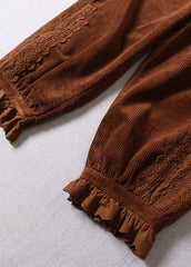 Bohemian Coffee Lace Patchwork Pockets Corduroy Pants Winter