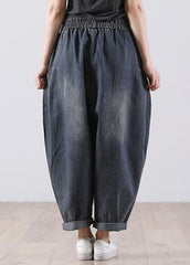 Bohemian Denim Blue Elastic Waist Pockets Cotton Harem Pants Fall