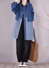 Bohemian Denim Light Blue Long Shirts Lapel Patchwork Oversized Blouse