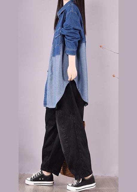 Bohemian Denim Light Blue Long Shirts Lapel Patchwork Oversized Blouse