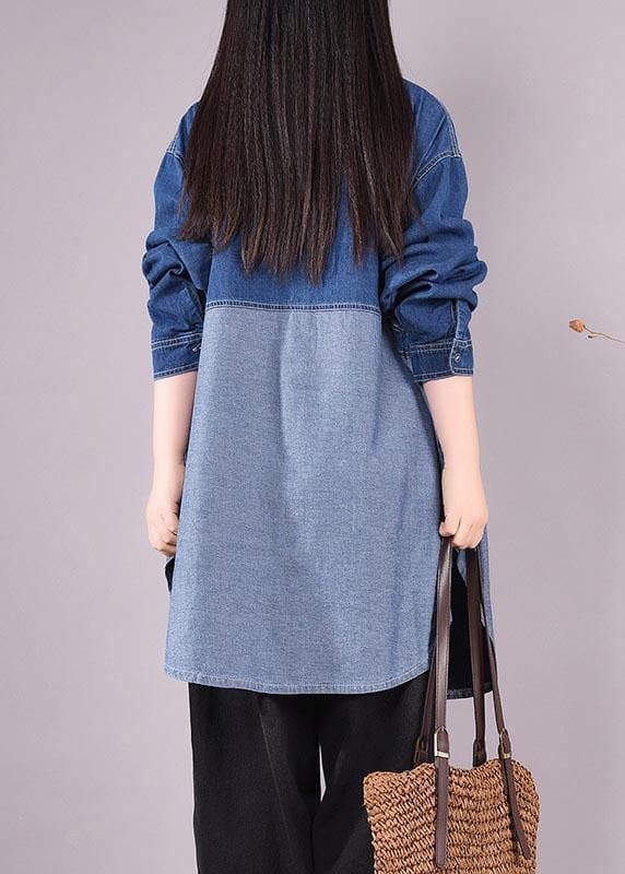 Bohemian Denim Light Blue Long Shirts Lapel Patchwork Oversized Blouse