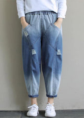 Bohemian Denim Light Blue Trousers Oversize Spring Elastic Waist Hole Work Pant