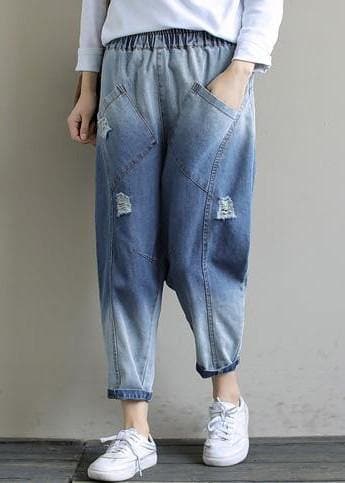 Bohemian Denim Light Blue Trousers Oversize Spring Elastic Waist Hole Work Pant