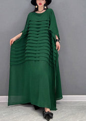 Bohemian Green O-Neck Striped Chiffon Ankle Dress Batwing Sleeve