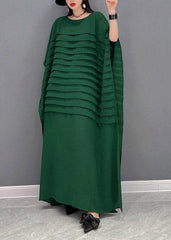 Bohemian Green O-Neck Striped Chiffon Ankle Dress Batwing Sleeve