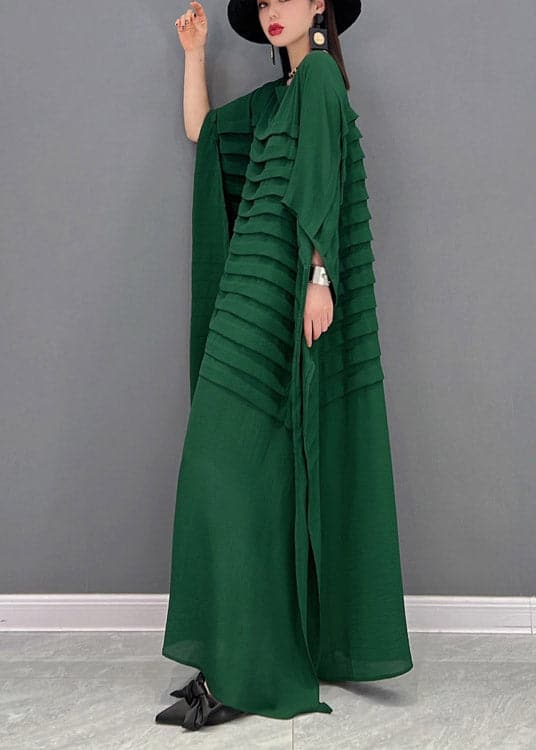 Bohemian Green O-Neck Striped Chiffon Ankle Dress Batwing Sleeve