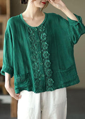 Bohemian Green Retro O-Neck Button Fall Shirt Tops Long Sleeve