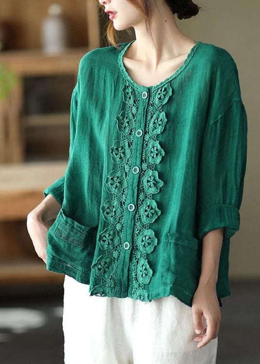 Bohemian Green Retro O-Neck Button Fall Shirt Tops Long Sleeve