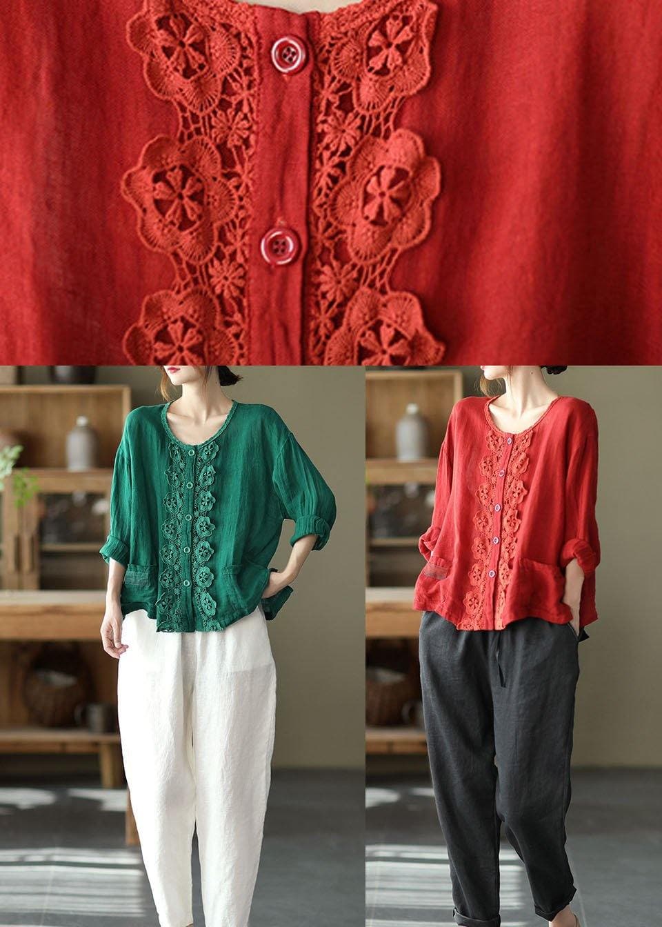 Bohemian Green Retro O-Neck Button Fall Shirt Tops Long Sleeve